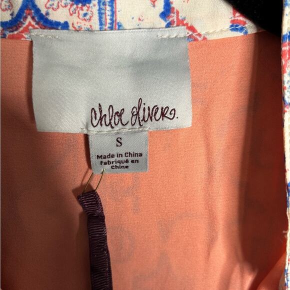 Chloe Oliver Pink and Blue Print Sleeveless Silk Tunic With Tassels Size Small - Picture 4 of 6